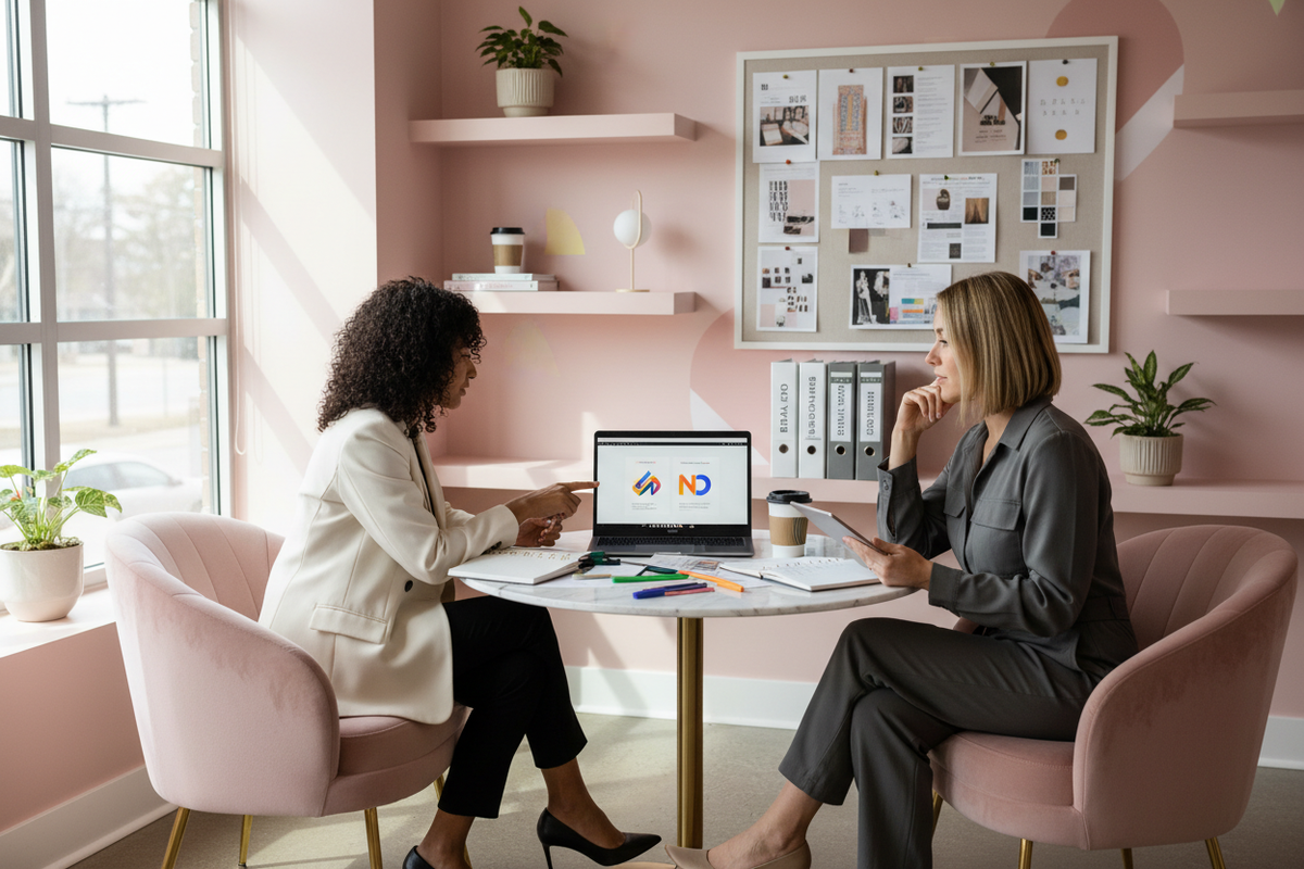 image of a pink office of two girls sitting down and discussing brand strategy 