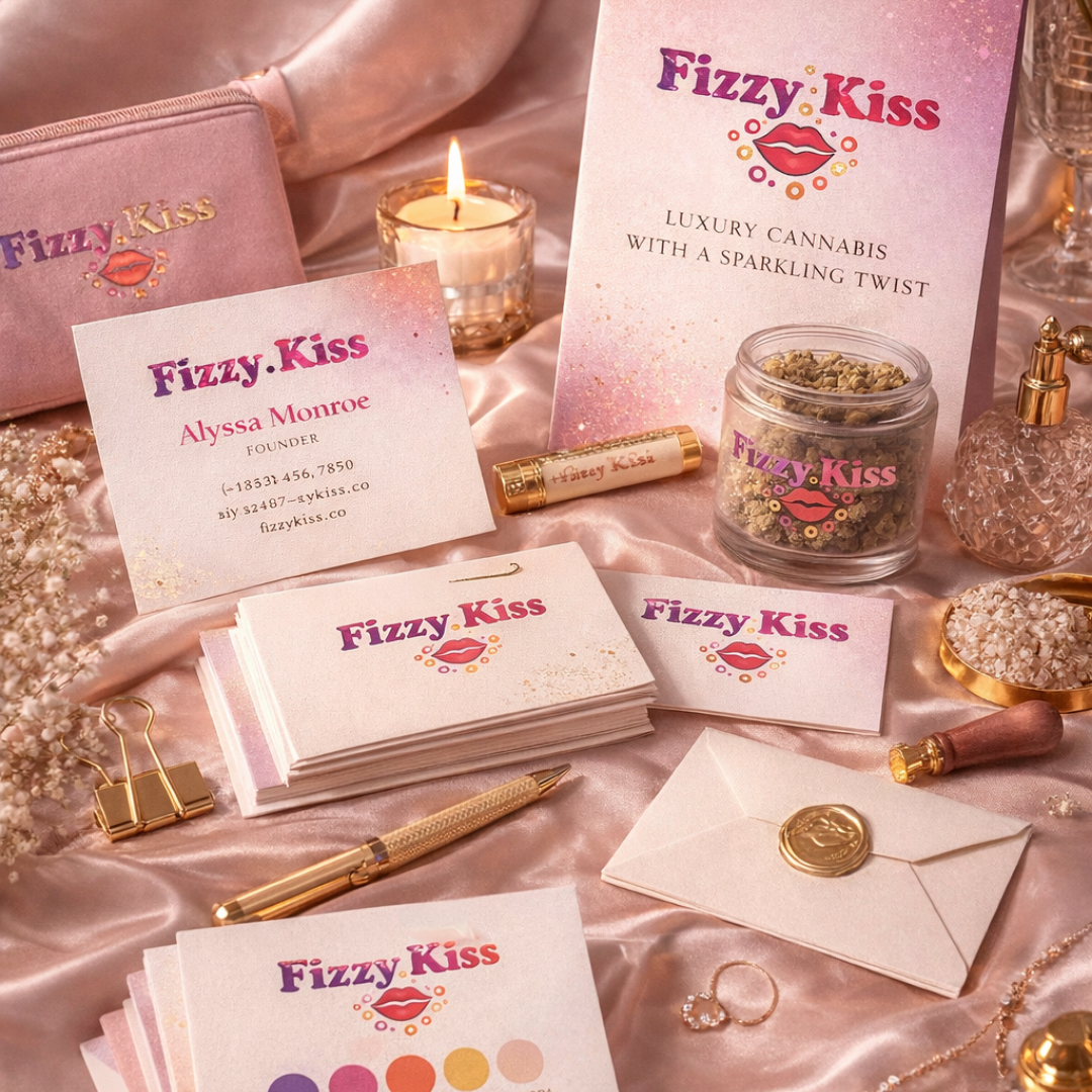 Fizzy Kiss product display with business cards, packaging, and decorative items on a pink surface.