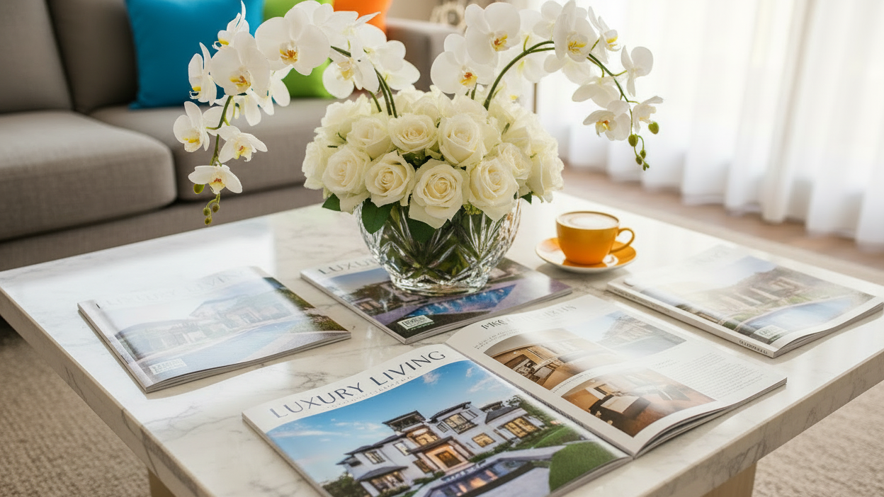 Coffee table with magazines and a vase of white flowers in a living room setting.