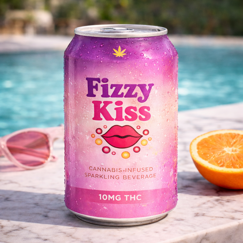 Fizzy Kiss cannabis-infused sparkling beverage can with sunglasses and orange by a pool.
