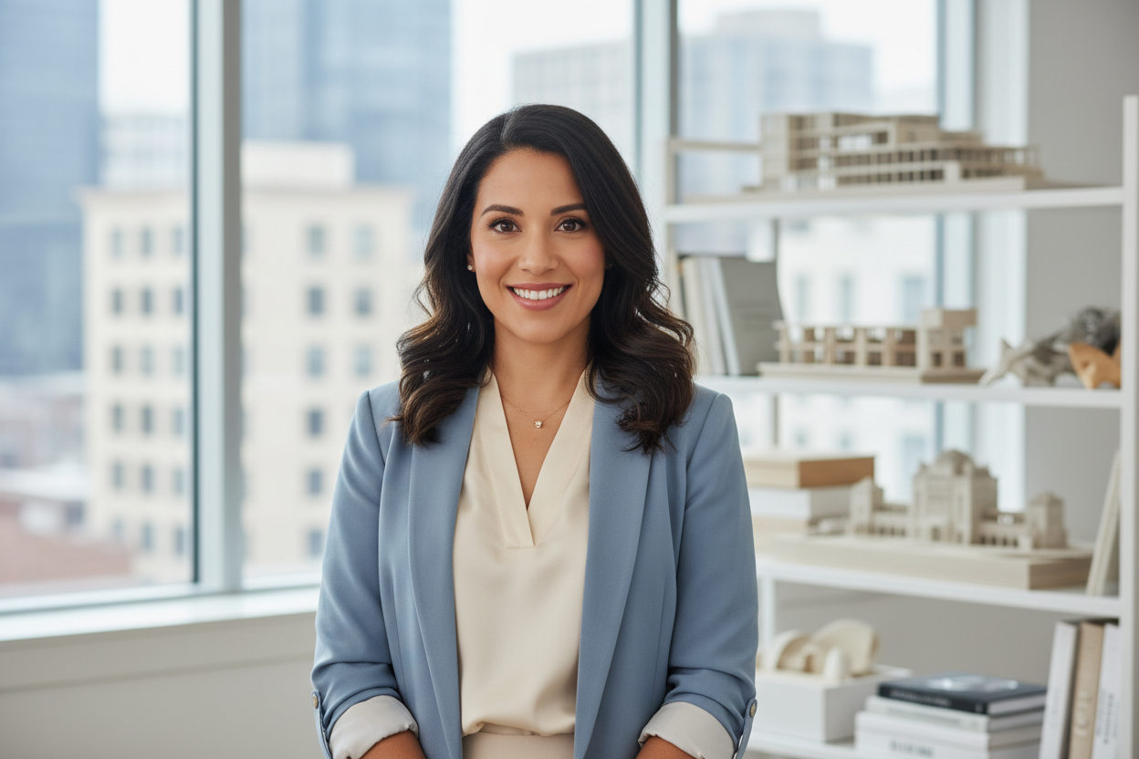 Woman in a professional setting with cityscape view