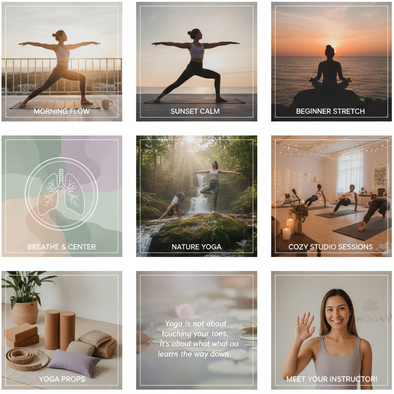 Grid of Harmony Yoga promotional images with various yoga poses and settings.