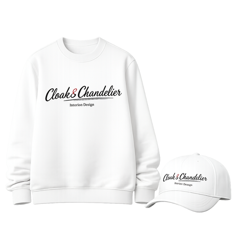 White sweatshirt and cap with 'Cloak & Chandelier Interior Design' logo on a white background