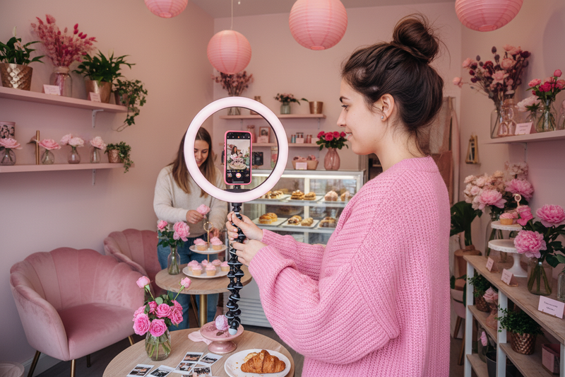 Woman in a pink sweater taking a photo of a cake in a bakery.