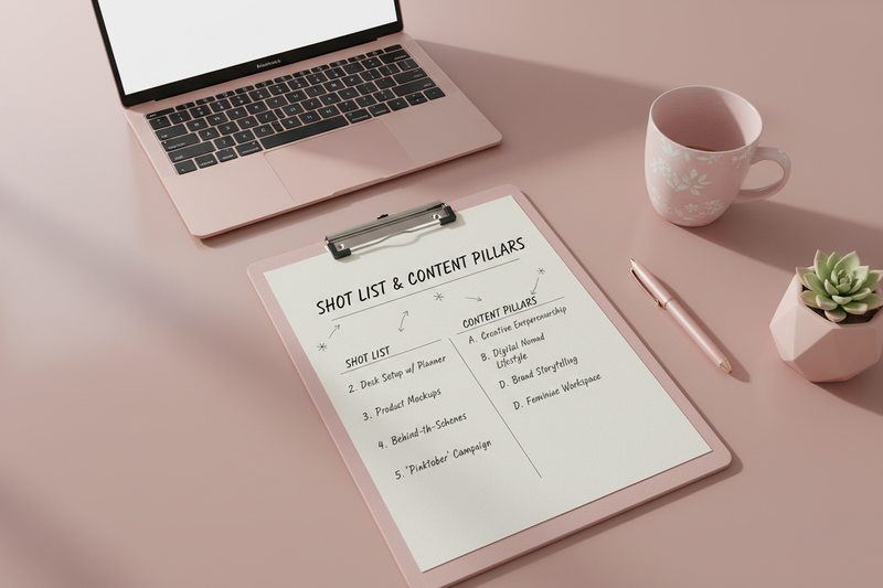 Clipboard with 'Shot List & Content Pillars' on a desk with a laptop, mug, and plant.
