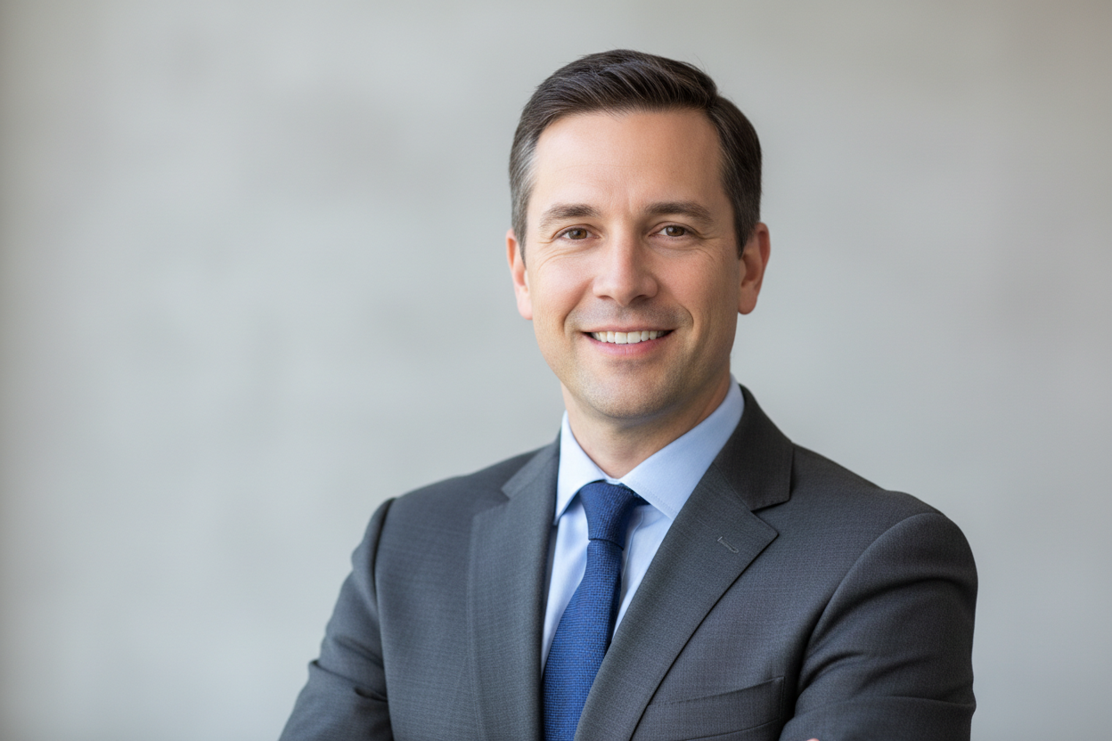 Man in a suit and tie smiling against a plain background