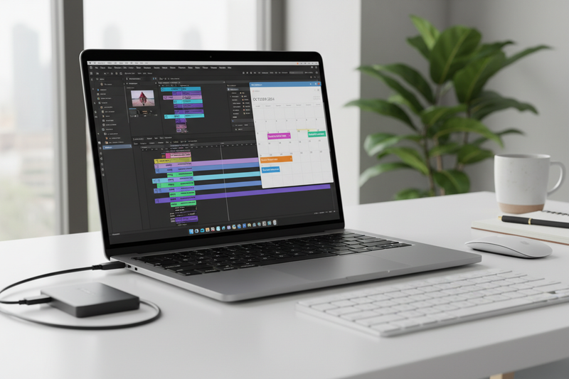 Laptop on a desk with a video editing software open, surrounded by a plant and a mug.
