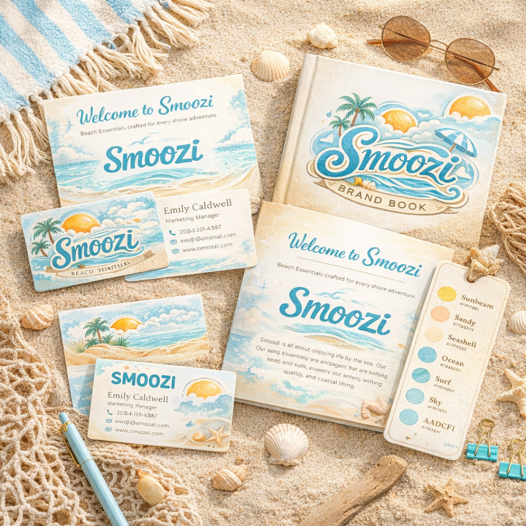 Smoozi brand materials including a brand book, business cards, and a welcome card on a sandy background.