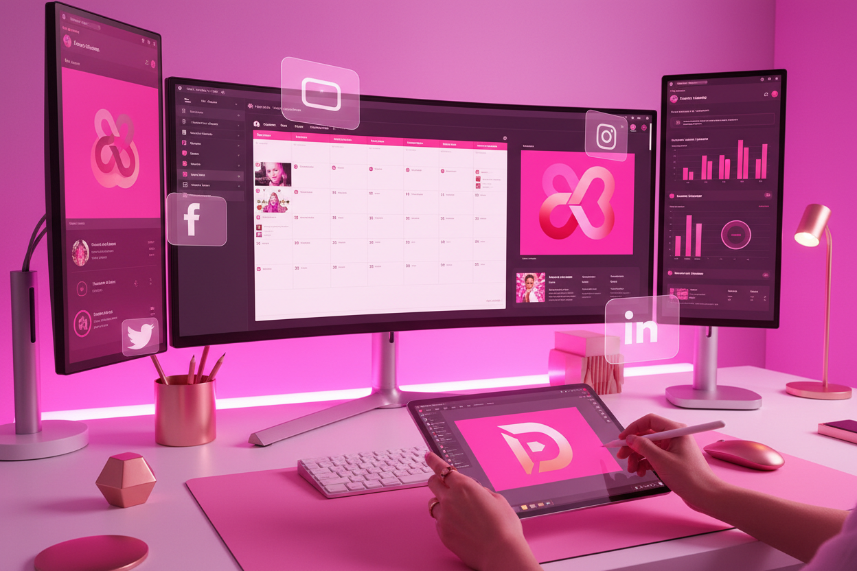image that is showing how my company builds a digital brand and schedules it on social media, make the colors primarily pink and bright, make it as realistic as possible